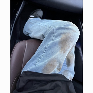 水洗做旧牛仔裤男美式复古宽松阔腿直筒拖地长裤炸街痞帅裤子图片