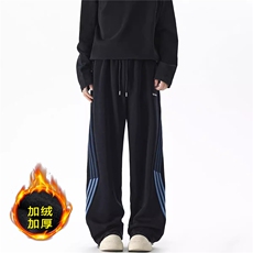 美式复古高腰宽松直筒休闲加绒卫裤男冬新款针织条纹织带阔腿长裤，男装休闲裤，星座715-4