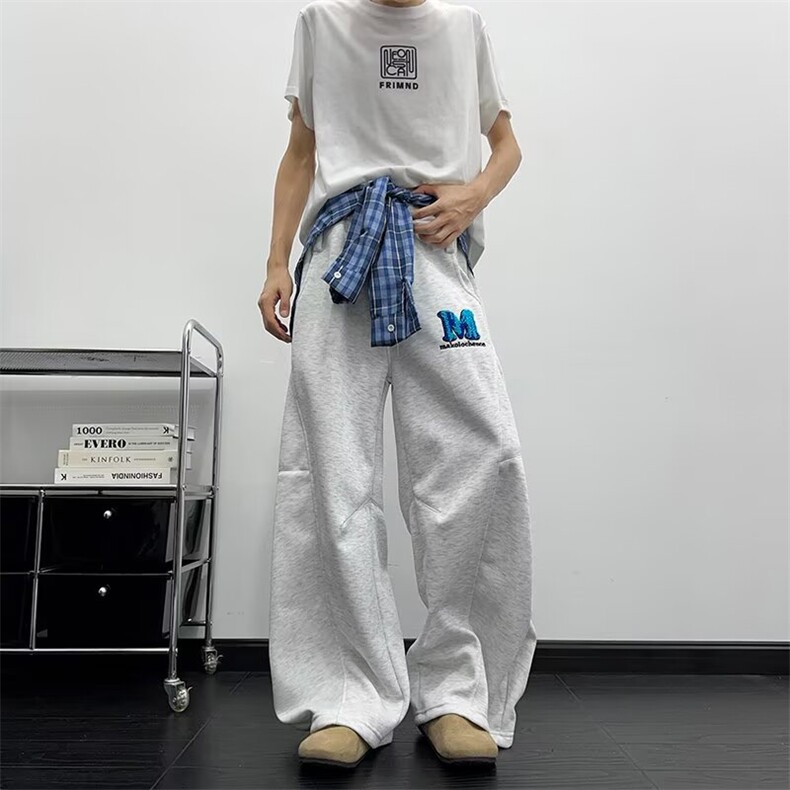 拼接格子裙摆结构设计卫裤男女美式复古慵懒风拖地伞兵裤潮,女装休闲裤,星座1210-1
