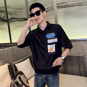 CSD85-P55控75 2021夏装精神小伙印花七分袖男装修身衬衫图片