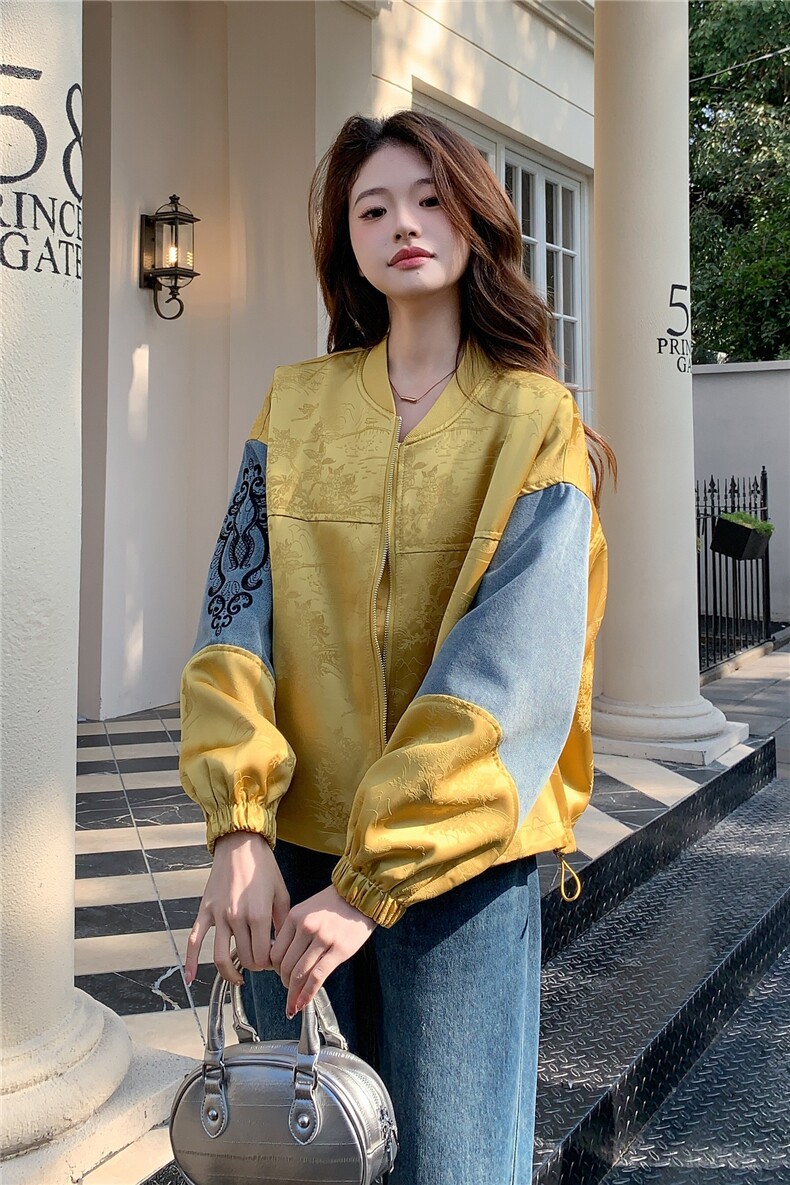 新中式国风拼接黄色短外套女春秋2025新款小个子小众百搭休闲夹克,女装短外套,2C057