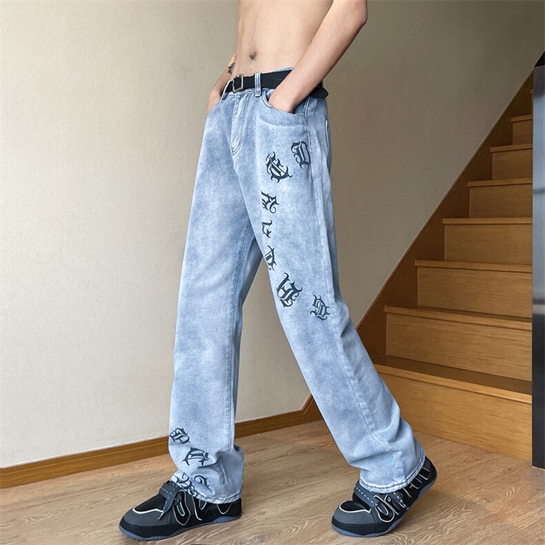 现货秋冬美式微喇叭vibe梵文牛仔裤嘻哈宽松百搭休闲裤男K606-P35图片