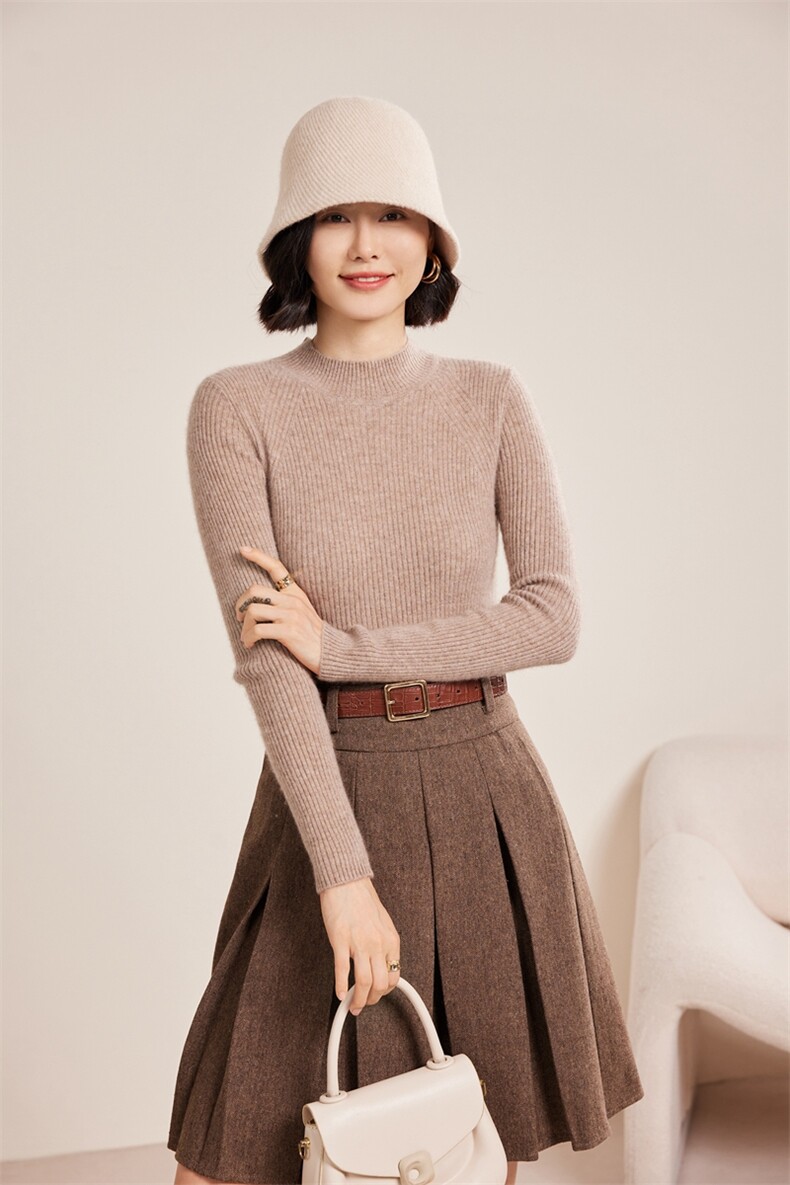 秋冬季30%羊绒休闲简约时尚百搭十二针包领抽条半高羊绒衫,女装羊绒衫,名驰羊绒