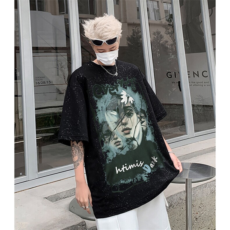 美式夏季重磅满天星卡通印花涂鸦宽松短袖男女T恤-H870-特P28,男装T恤,电商B289