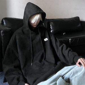 港风秋季新款麂皮绒简约小标百搭宽松连帽卫衣JK23340特批43控69图片