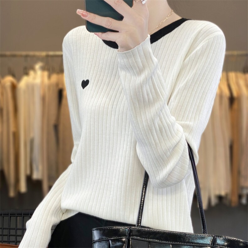 爱心刺绣精仿羊毛针织打底衫女2024新款小个子春秋内搭毛衣秋冬,针织衫/毛衣,雪真羊绒