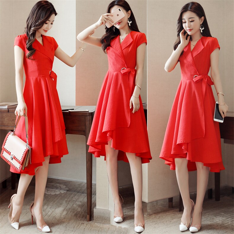短袖优雅韩版连衣裙高腰套头2022年夏季大摆型中长款，女装连衣裙，火爆靓佳人