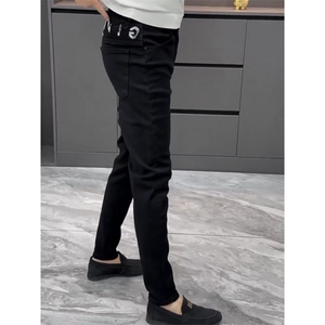 端字母刺绣弹力纯黑色牛仔裤男女韩版潮牌小脚裤SK39 P50图片