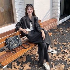 深灰色慵懒风简约套装女2025秋新款时尚翻领外套高腰阔腿裤两件套，女装套装/套裙，2C277