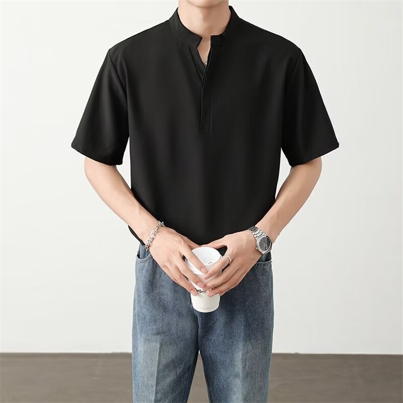 高品质夏款男套头冰丝短袖衬衫立领宽松短衬衣CS1400P35,男装衬衫,星座1013-1