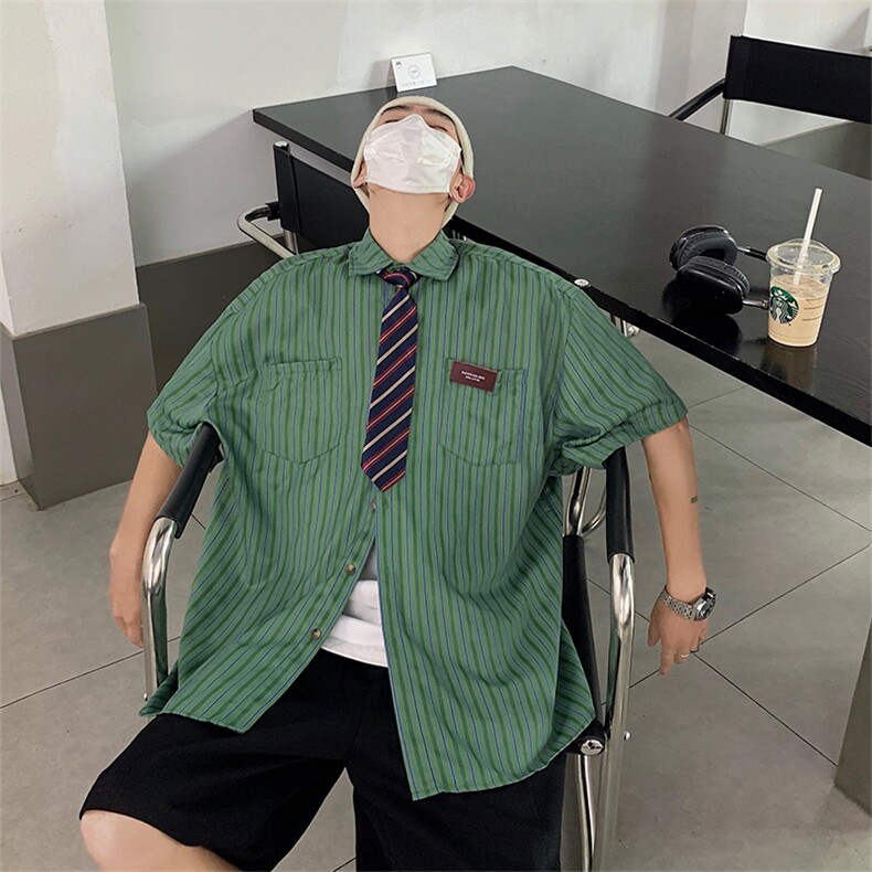 S028-P38夏季新款日系复古条纹短袖衬衫送领带图片