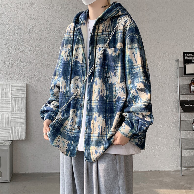 WY10097-P55加绒P65秋季撞色格子连帽大码休闲百搭卫衣外套男,女装短外套,电商A059