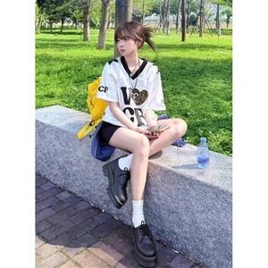 运动t恤女夏季穿搭豹纹爱心球衣短袖休闲速干v领上衣 T198图片