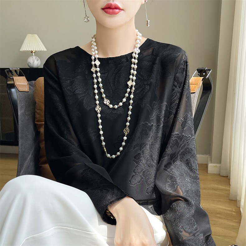 时尚中式缎面小衫防晒衫女长袖提花罩衫薄款上衣空调衫夏季慵懒风,女装蕾丝衫/雪纺衫,羊特美羊绒