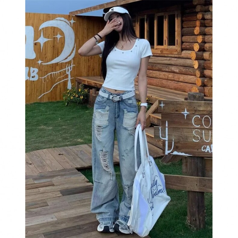 美式潮流设计感复古蓝色破洞牛仔裤新款宽松直筒磨破长裤子,男装牛仔裤,星座1018A