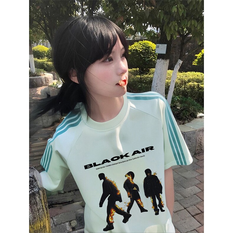 抖音得物品质二开240克宽松纯棉美式潮牌印花三条杠中性风短袖T恤,男装T恤,电商A486-1