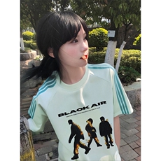 抖音得物品质二开240克宽松纯棉美式潮牌印花三条杠中性风短袖T恤，男装T恤，电商A486-1