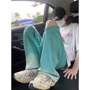 街头hiphop潮牌嘻哈彩色阔腿牛仔裤男vibe多巴胺渐变破洞休闲裤图片