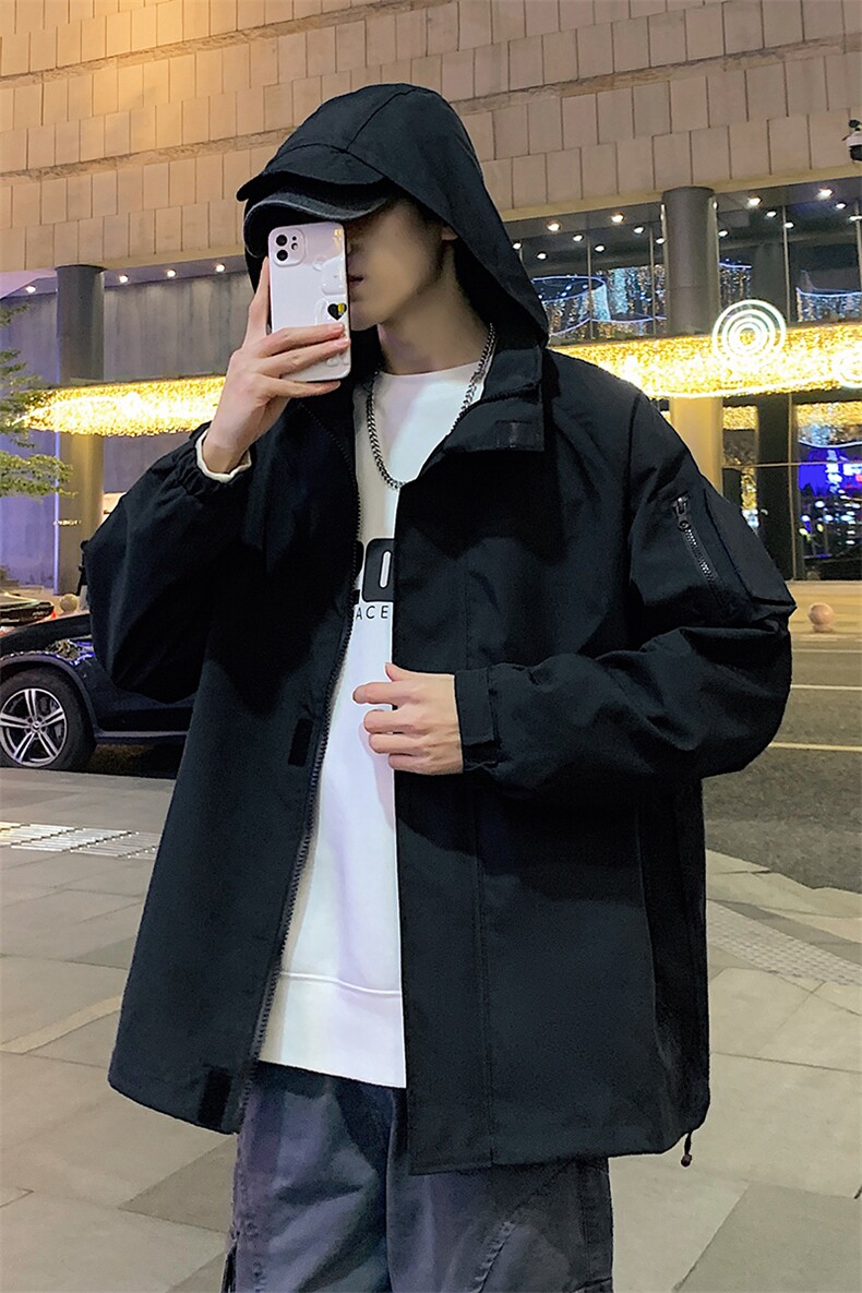 2025新款港风冲锋衣魔术贴连帽夹克户外工装大码宽松外套2364-P60,男装夹克,星座1403B