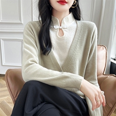 羊毛衫女假两件中国风立领打底衫新中式毛衣女针织内搭拼色长袖，女装羊毛衫，哲奥羊绒
