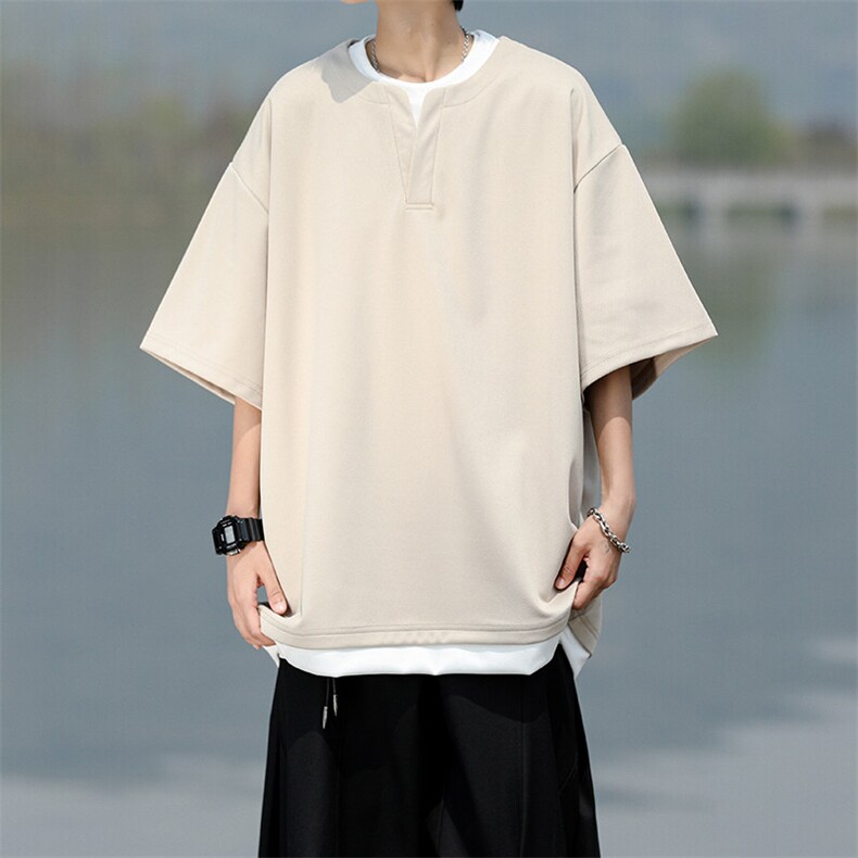 8XL-M重磅斜纹假两件短袖t恤男夏季薄款宽松大码半袖体恤DT006P45图片