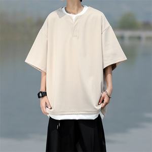8XL-M重磅斜纹假两件短袖t恤男夏季薄款宽松大码半袖体恤DT006P45