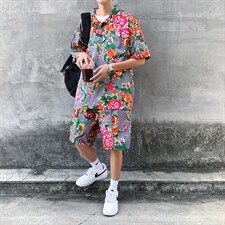 夏季东北碎花大码宽松休闲短裤男方领短袖两件装套装P控88,男装牛仔裤,电商A089-1