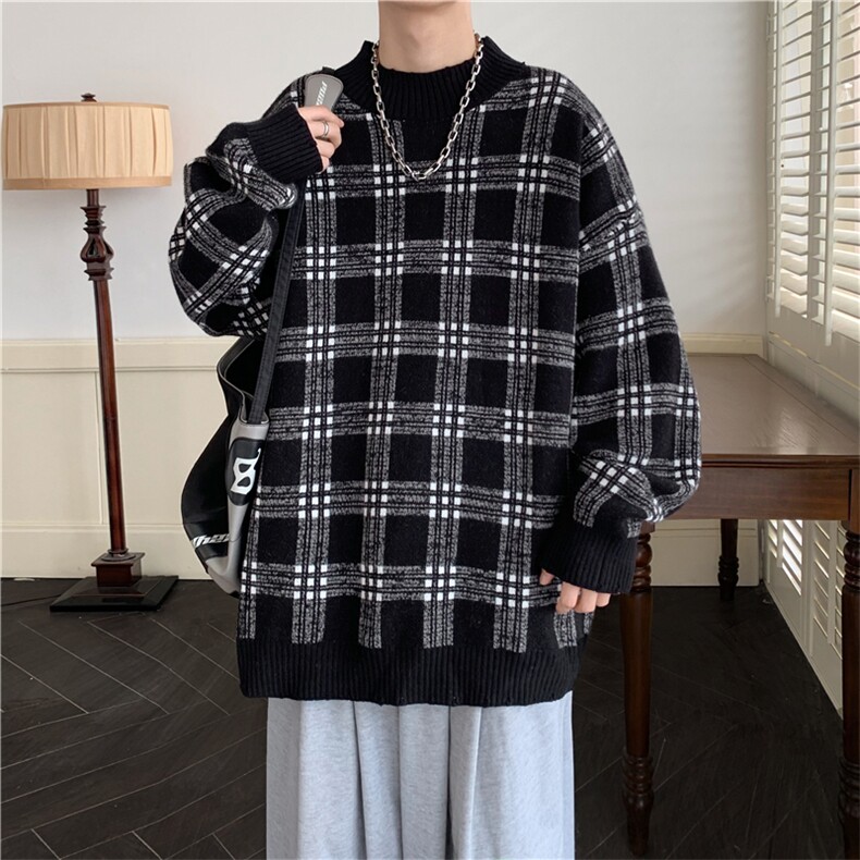 现货现货宽松圆领毛衣男秋冬格子百搭针织衫D329-QM801-P78控98,男装针织衫/毛衣,电商D329