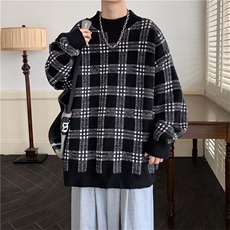 现货现货宽松圆领毛衣男秋冬格子百搭针织衫D329-QM801-P78控98，男装针织衫/毛衣，电商D329