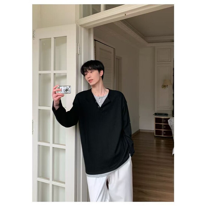 假两件华夫格亨利衫男夏季薄款长袖t恤韩版潮牌卫衣春秋季打底衫,男装针织衫/毛衣,星座1210-1