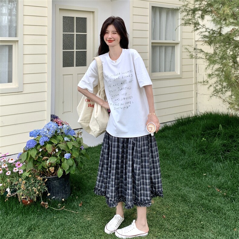 韩版学院风短袖格子半身裙套装女2025年夏季新款超好看显瘦两件套，女装套装/套裙，维壹