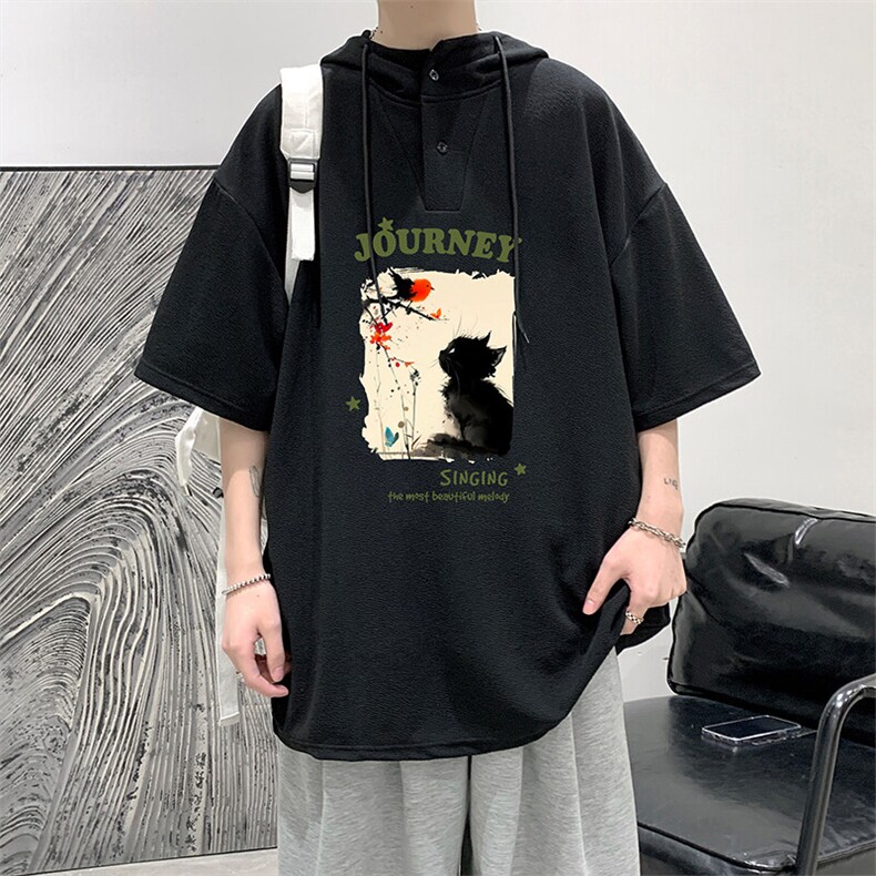 LD5433-P45连帽短袖t恤男大码胖子带帽五分袖中袖,男装T恤,电商A040