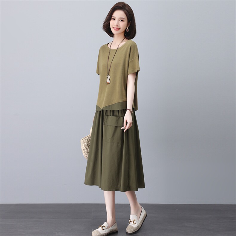 休闲妈妈减龄套装裙夏中年宽松微胖显瘦气质干练御姐连衣裙两件套图片