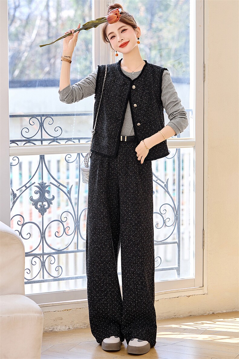 灰色波点小香风马甲套装女春2025新款小个子显瘦减龄阔腿裤三件套,女装套装/套裙,依多米