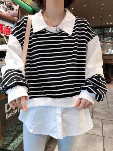 一杭翻领条纹假两件，女装，一杭