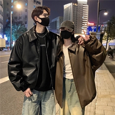 24冬季情侣装宽松翻领PU皮棉衣冬装外套男女装短款棉服S368-P128，男装棉衣，电商A233-1