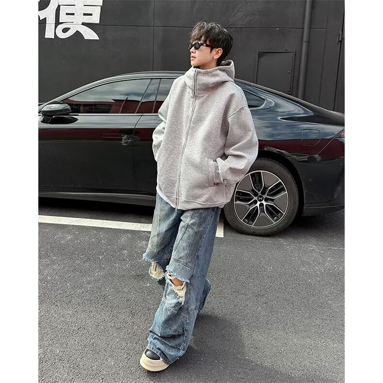 廓形连帽开衫卫衣外套男春秋季2024简约宽松休闲慵懒拉链EG126,男装卫衣,星座506