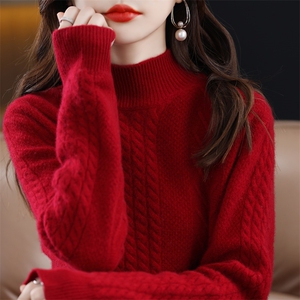 2025年秋季新款百搭女士麻花半高长袖羊毛衫图片