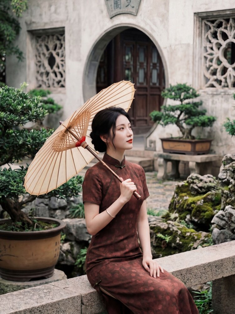 夏季新品时尚气质金丝提花香云纱品质真丝喜庆中长款旗袍裙,女装汉服/婚纱/旗袍/礼服,媚琳依坊