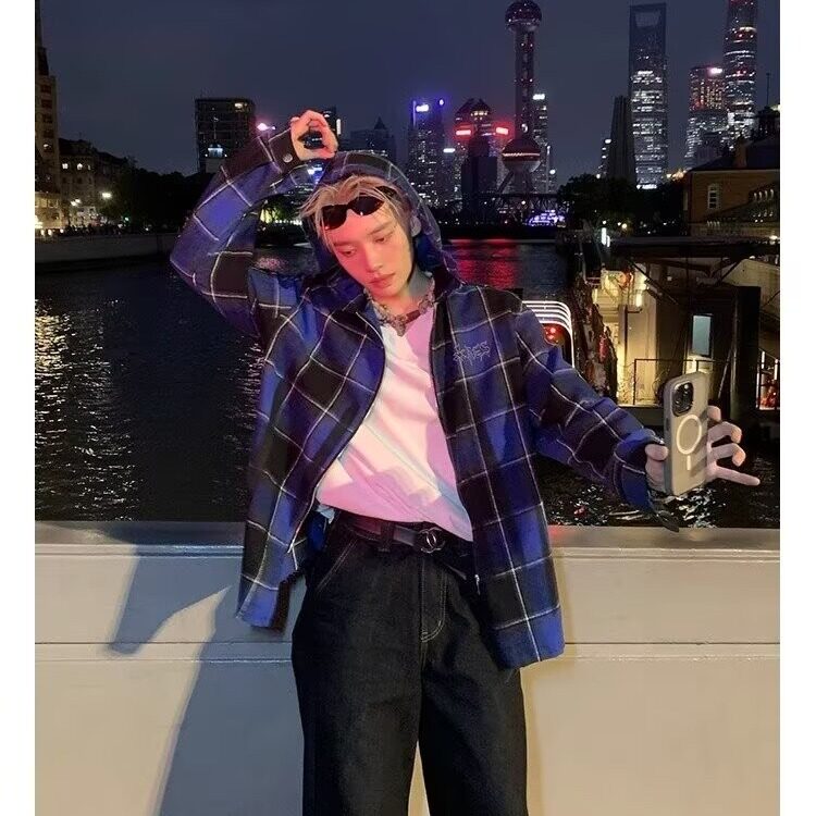 C300-P53男女同款设计感连帽格子衬衫春秋做旧衬衣宽松小众,男装衬衫,电商B323A