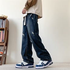 S-3XL夏季薄款冰丝裤直筒宽松破洞牛仔裤310A-2BK312p55控78，男装牛仔裤，星座310A-2