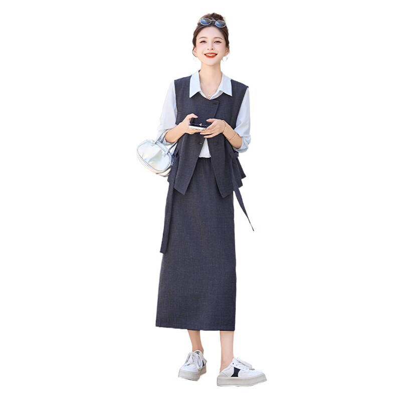 老钱风时尚显瘦马甲衬衣半身裙三件套,女装套装/套裙,采品优优