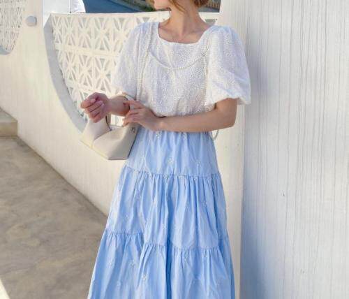 棉布刺绣泡袖上衣，女装，新袖