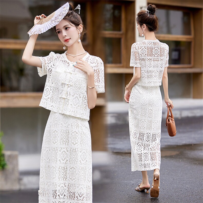 2024夏季新款新中式盘扣仙气小香风白色蕾丝两件套时尚套裙，女装套装/套裙，星期衣