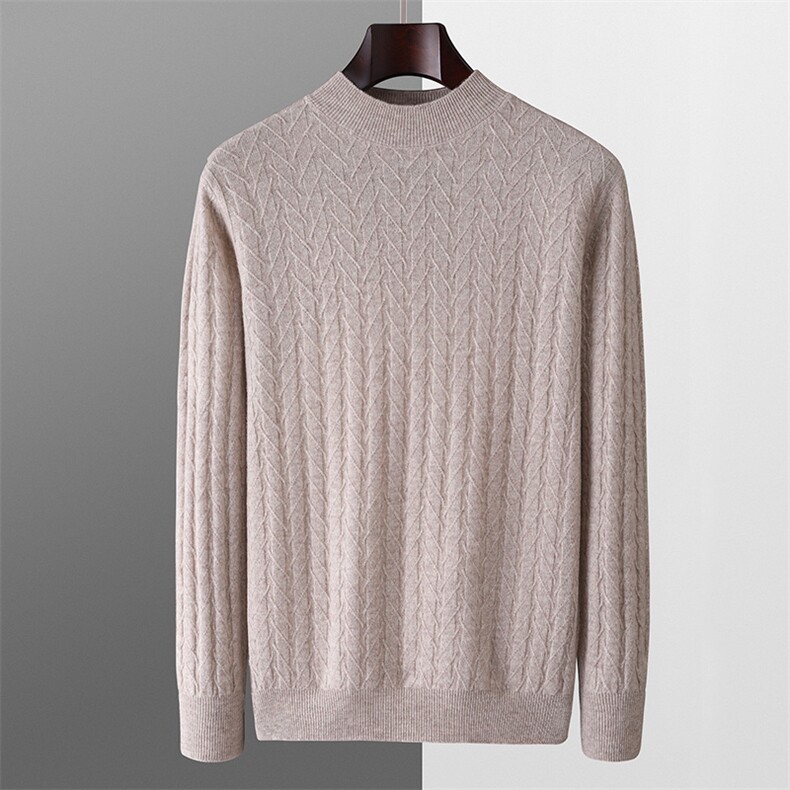 秋冬季羊毛男士十二针小半高圆领扭花羊毛衫，男装羊毛衫，君贝羊绒