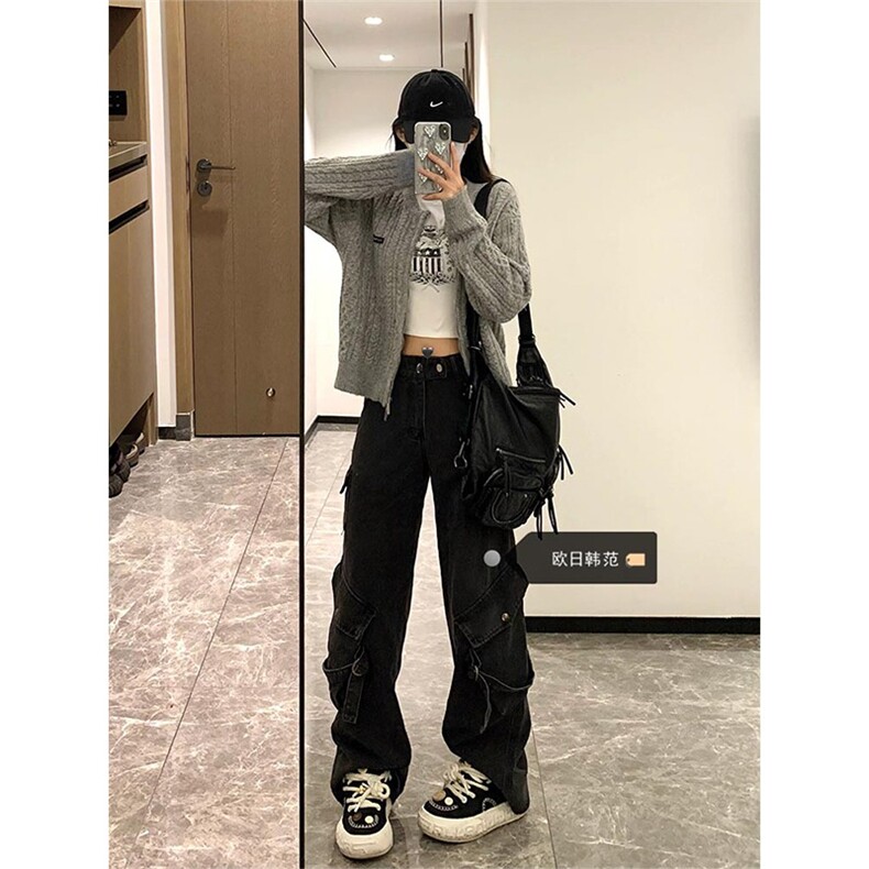 美式高街cleanfit黑色大口袋工装牛仔裤男直筒宽松vib图片