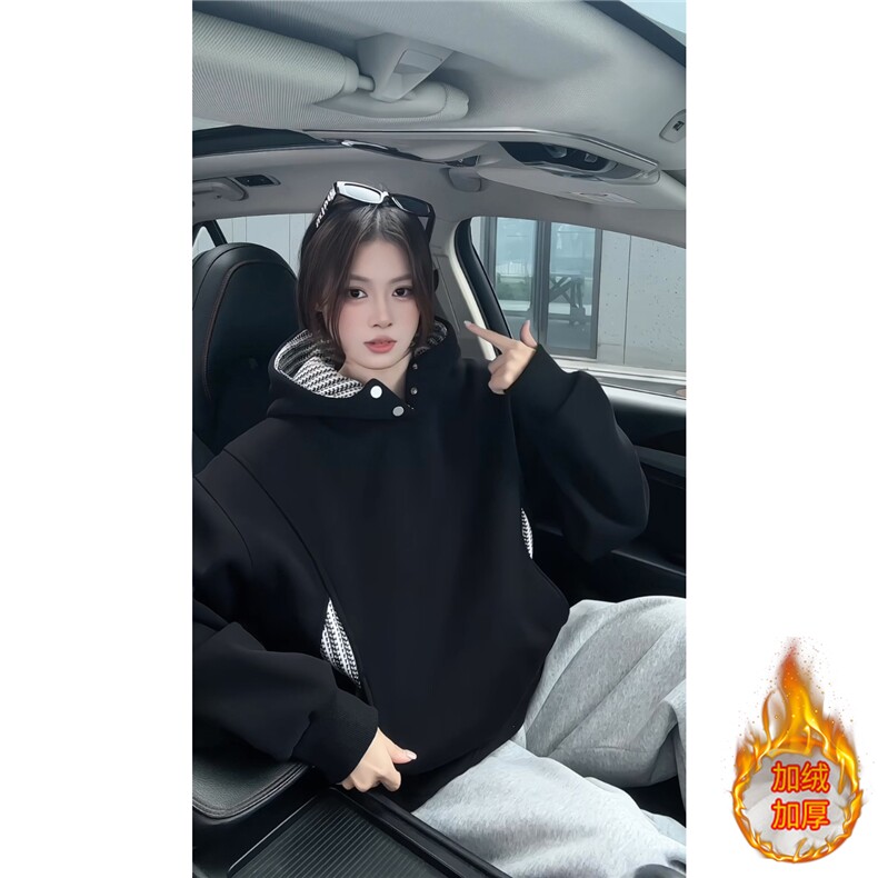 ！鱼骨纹拼接撞色卫衣冬季加绒连帽衫外套WR2252JR-P65控108,女装短外套,星座815A