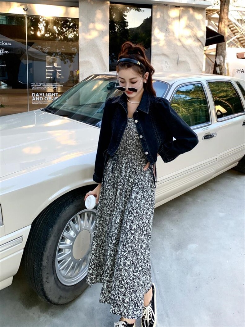 秋季牛仔碎花裙，其它，吉之红