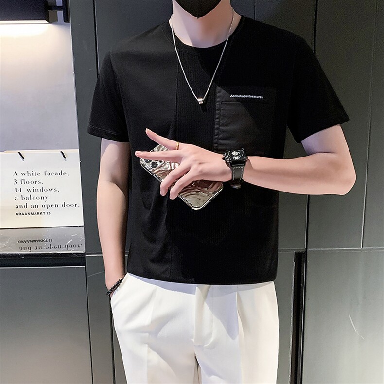 2025新款夏季短袖T恤男潮牌拼接圆领半袖体恤A313-1-G1356-P48,男装T恤,电商A313-1
