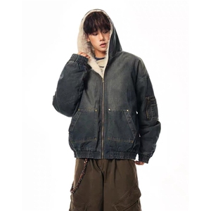 美式连帽牛仔棉服男女水洗重磅座山雕毛领复古加绒加厚夹克外套潮图片